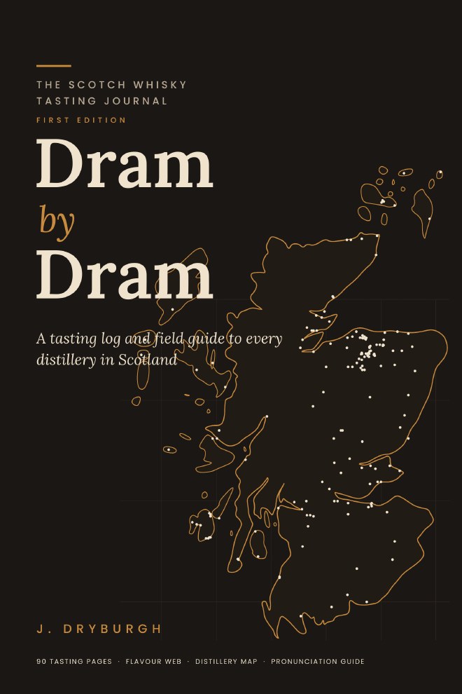 The cover of Dram by Dram, a black cover with an amber outline map of Scotland